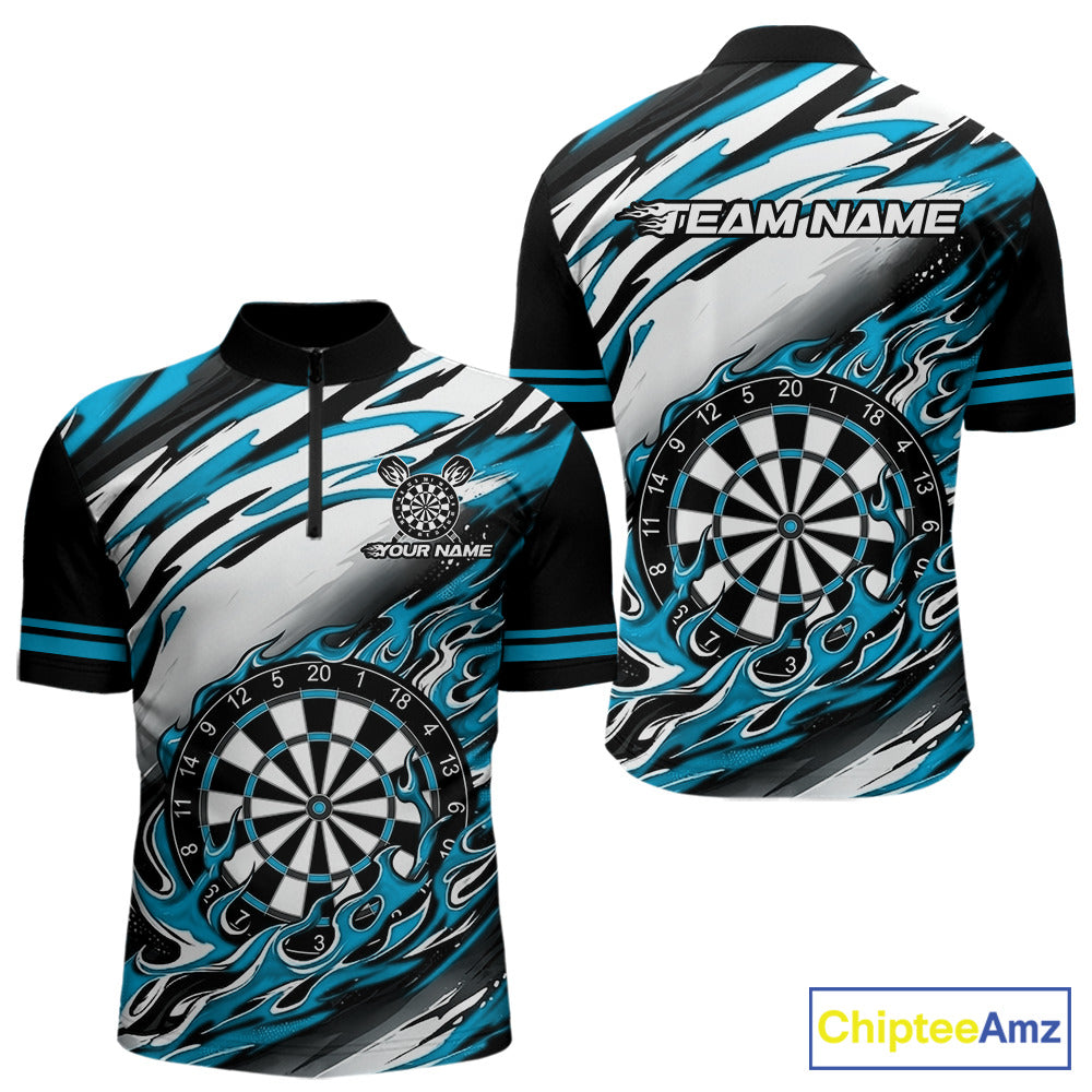 Black And Teal Dartboard Fire Flame Darts Team Shirt For Men Custom Darts Polo 1/4-Zip Jersey NYN3958