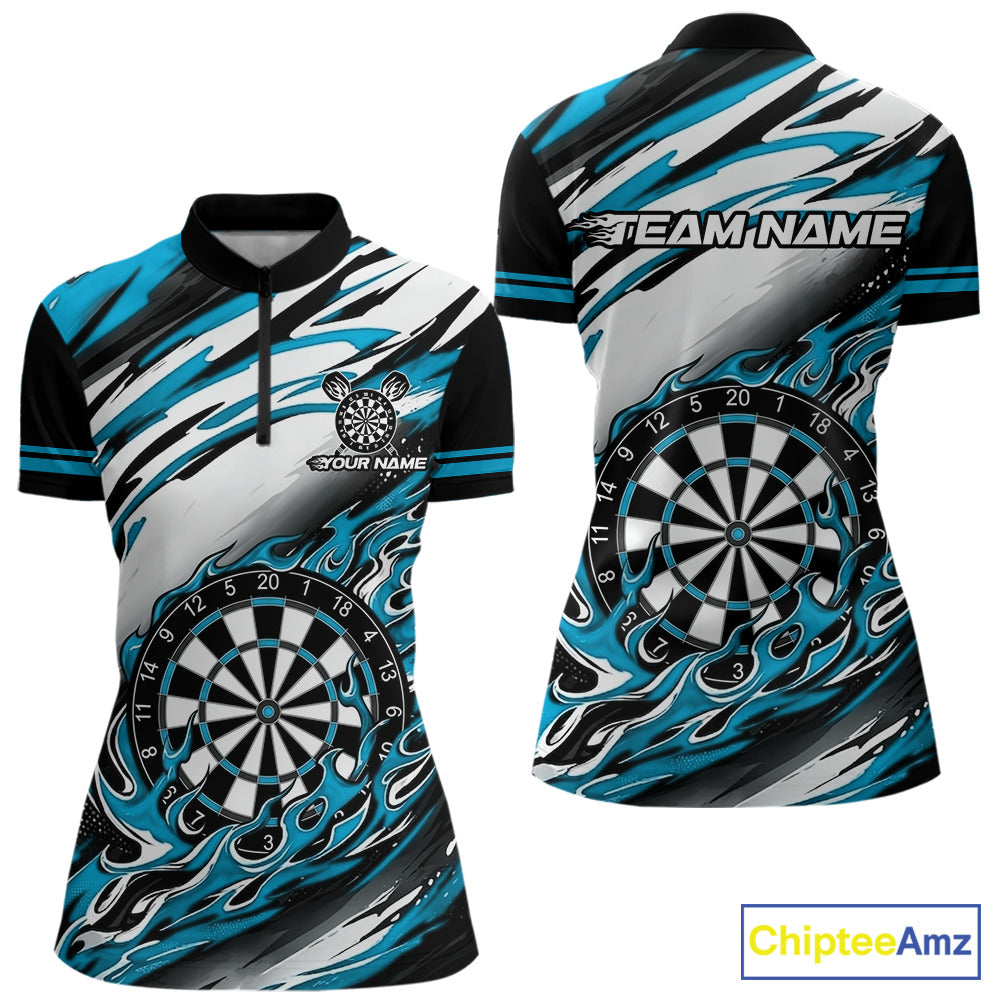 Black And Teal Dartboard Fire Flame Darts Team Shirt For Women Custom Darts Polo 1/4-Zip Jersey NYN3958