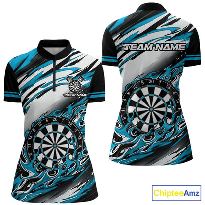 Black And Teal Dartboard Fire Flame Darts Team Shirt For Women Custom Darts Polo 1/4-Zip Jersey NYN3958