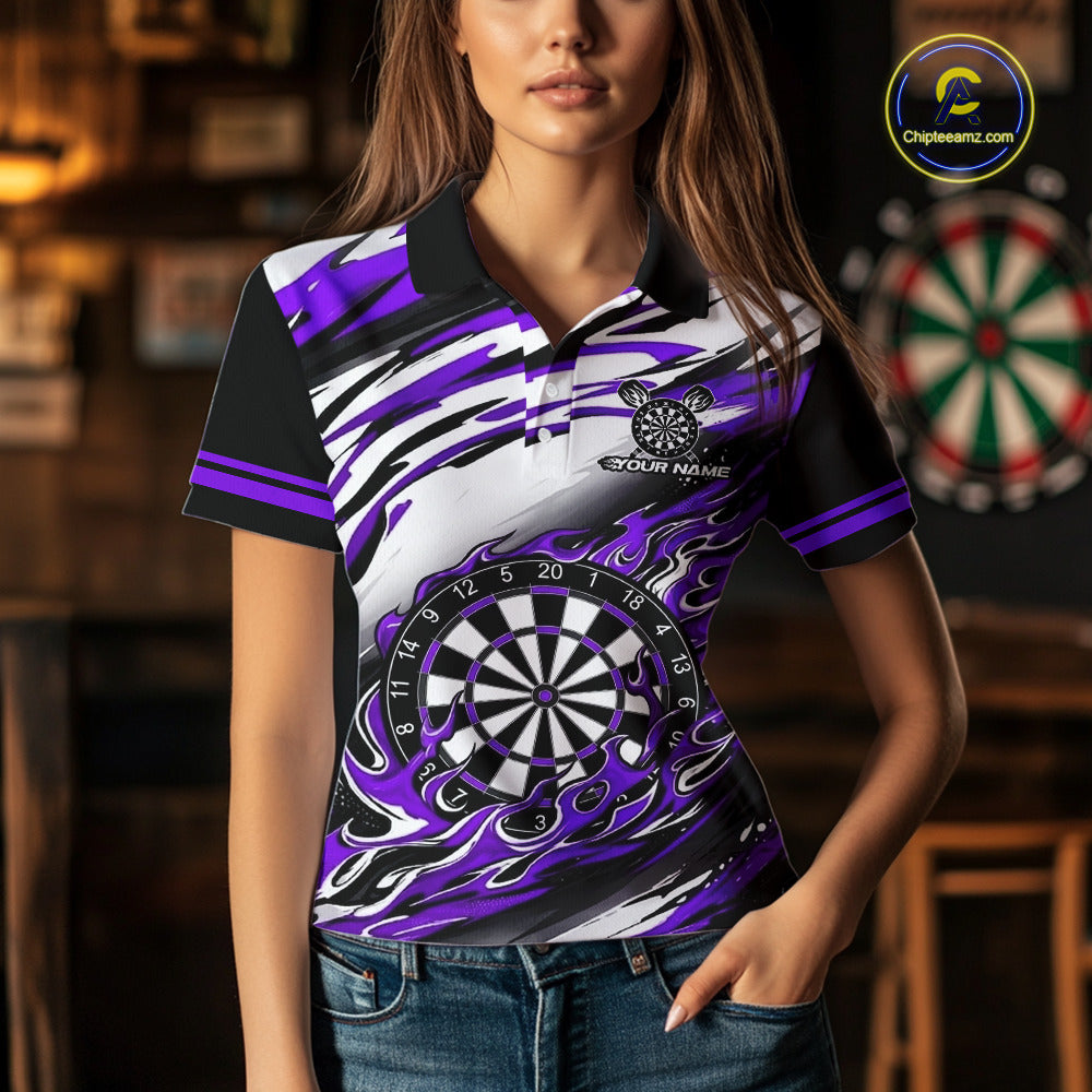 Black And Purple Dartboard Fire Flame Darts Team Shirt For Women Custom Darts Polo 1/4-Zip Jersey NYN3959