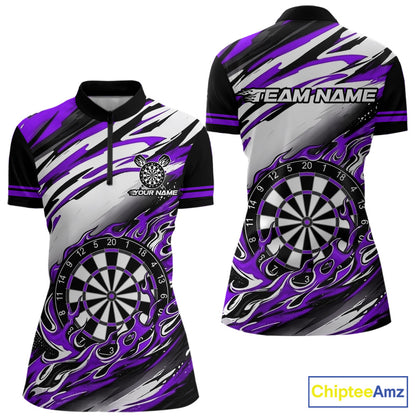 Black And Purple Dartboard Fire Flame Darts Team Shirt For Women Custom Darts Polo 1/4-Zip Jersey NYN3959