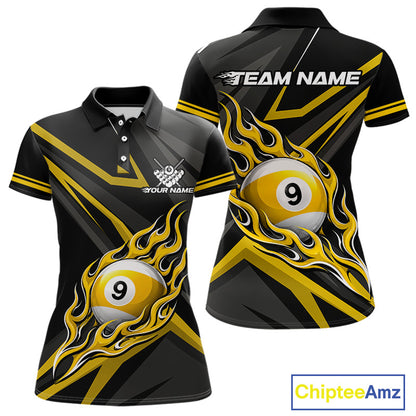 Fire Flame 9 Ball Billiard Team Shirt For Women Custom Black And Yellow Pool Billiard Team Jersey NYN3967