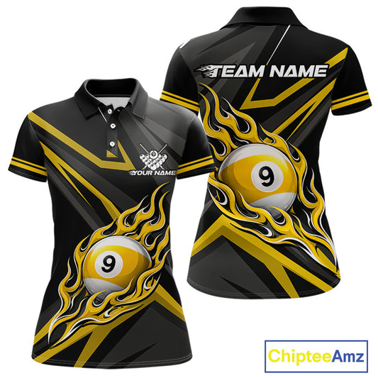 Fire Flame 9 Ball Billiard Team Shirt For Women Custom Black And Yellow Pool Billiard Team Jersey NYN3967