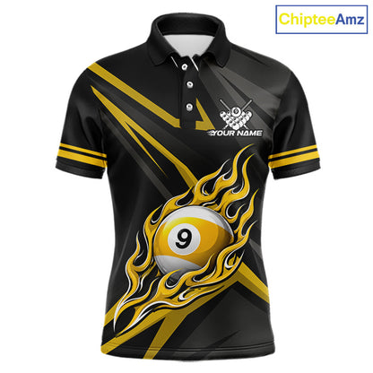 Fire Flame 9 Ball Billiard Team Shirt For Men Custom Black And Yellow Pool Billiard Team Jersey NYN3967