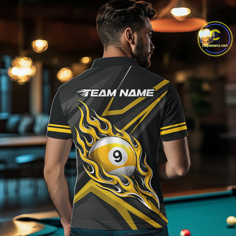 Fire Flame 9 Ball Billiard Team Shirt For Men Custom Black And Yellow Pool Billiard Team Jersey NYN3967