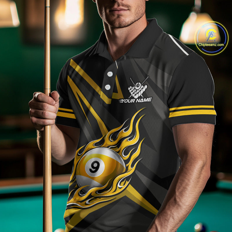 Fire Flame 9 Ball Billiard Team Shirt For Men Custom Black And Yellow Pool Billiard Team Jersey NYN3967