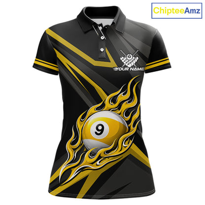 Fire Flame 9 Ball Billiard Team Shirt For Women Custom Black And Yellow Pool Billiard Team Jersey NYN3967