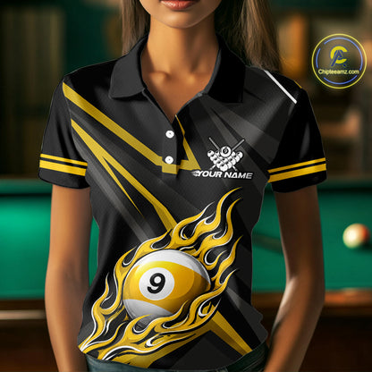 Fire Flame 9 Ball Billiard Team Shirt For Women Custom Black And Yellow Pool Billiard Team Jersey NYN3967