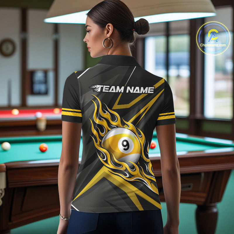 Fire Flame 9 Ball Billiard Team Shirt For Women Custom Black And Yellow Pool Billiard Team Jersey NYN3967