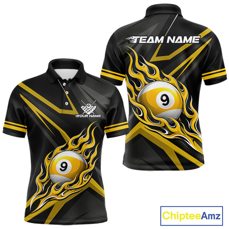 Fire Flame 9 Ball Billiard Team Shirt For Men Custom Black And Yellow Pool Billiard Team Jersey NYN3967