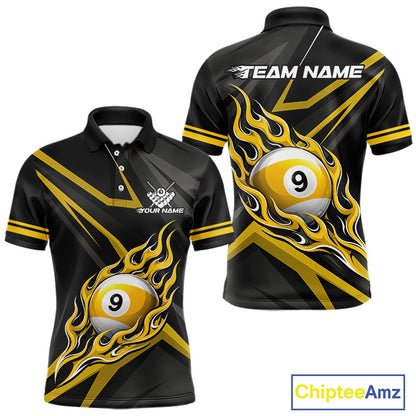 Fire Flame 9 Ball Billiard Team Shirt For Men Custom Black And Yellow Pool Billiard Team Jersey NYN3967