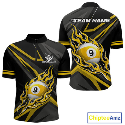 Fire Flame 9 Ball Billiard Team Shirt For Men Custom Black And Yellow Pool Billiard Team Jersey NYN3967