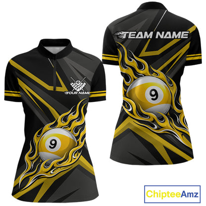 Fire Flame 9 Ball Billiard Team Shirt For Women Custom Black And Yellow Pool Billiard Team Jersey NYN3967