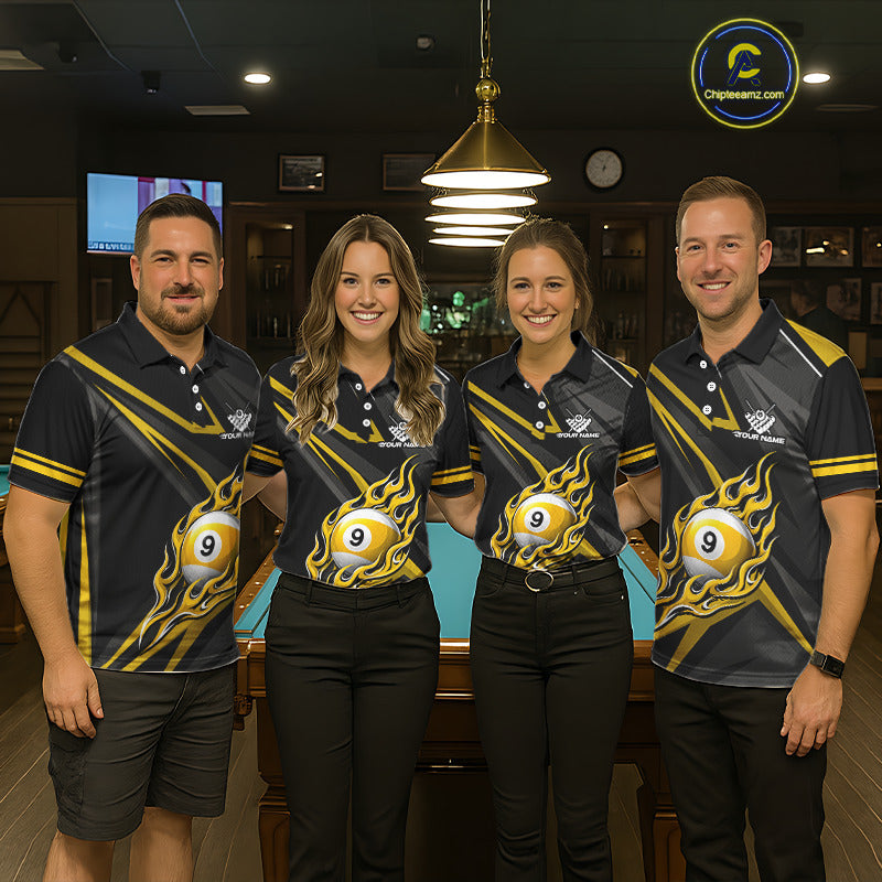 Fire Flame 9 Ball Billiard Team Shirt For Women Custom Black And Yellow Pool Billiard Team Jersey NYN3967