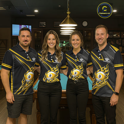 Fire Flame 9 Ball Billiard Team Shirt For Women Custom Black And Yellow Pool Billiard Team Jersey NYN3967