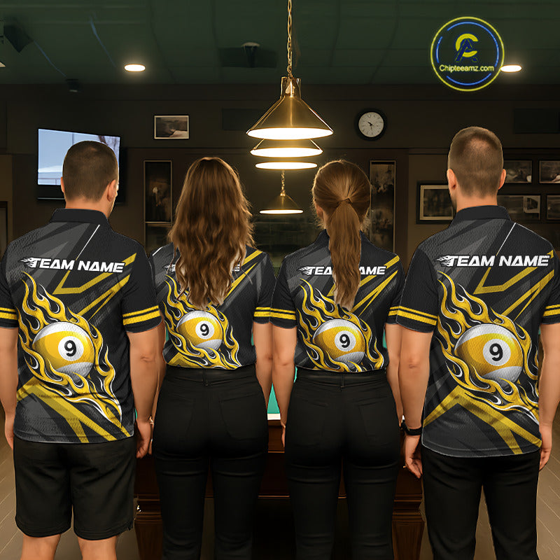 Fire Flame 9 Ball Billiard Team Shirt For Women Custom Black And Yellow Pool Billiard Team Jersey NYN3967
