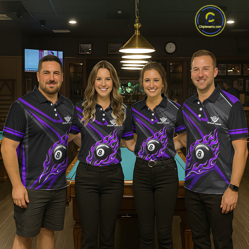 Fire Flame 8 Ball Billiard Team Shirt For Women Custom Black And Purple Pool Billiard Team Jersey NYN3968