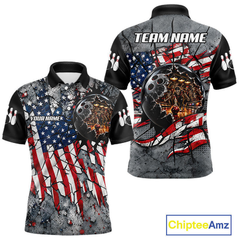 Men's Custom Patriotic Bowling Polo 1/4-Zip Shirt Cracked US Flag And Bowling Ball Tournament Shirts  NYN4730