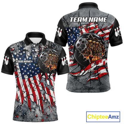Men's Custom Patriotic Bowling Polo 1/4-Zip Shirt Cracked US Flag And Bowling Ball Tournament Shirts  NYN4730