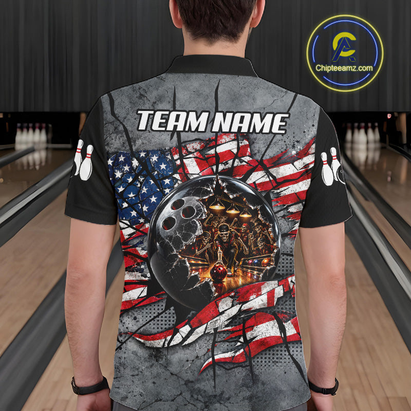 Men's Custom Patriotic Bowling Polo 1/4-Zip Shirt Cracked US Flag And Bowling Ball Tournament Shirts  NYN4730