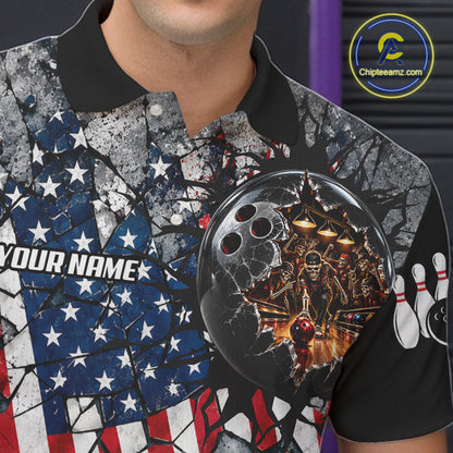 Men's Custom Patriotic Bowling Polo 1/4-Zip Shirt Cracked US Flag And Bowling Ball Tournament Shirts  NYN4730