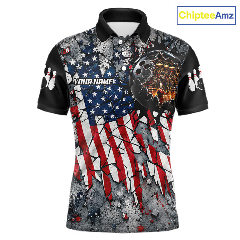 Men's Custom Patriotic Bowling Polo 1/4-Zip Shirt Cracked US Flag And Bowling Ball Tournament Shirts  NYN4730