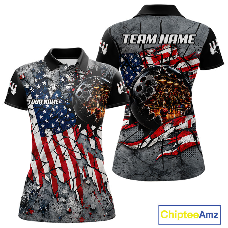Womens Custom Patriotic Bowling Polo 1/4-Zip Shirt Cracked US Flag And Bowling Ball Tournament Shirts  NYN4730
