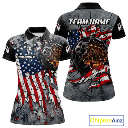 Womens Custom Patriotic Bowling Polo 1/4-Zip Shirt Cracked US Flag And Bowling Ball Tournament Shirts  NYN4730
