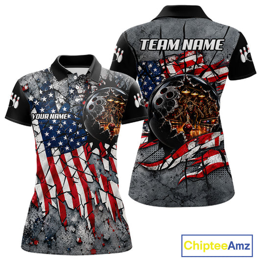 Womens Custom Patriotic Bowling Polo 1/4-Zip Shirt Cracked US Flag And Bowling Ball Tournament Shirts  NYN4730