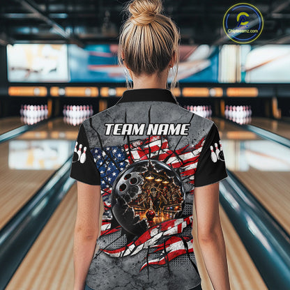 Womens Custom Patriotic Bowling Polo 1/4-Zip Shirt Cracked US Flag And Bowling Ball Tournament Shirts  NYN4730