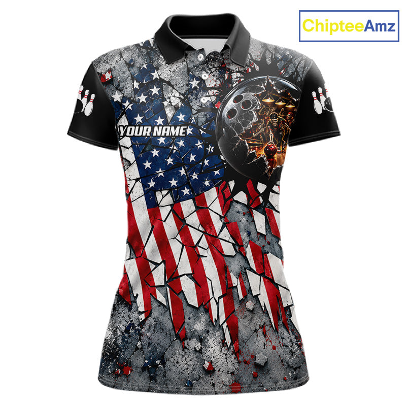 Womens Custom Patriotic Bowling Polo 1/4-Zip Shirt Cracked US Flag And Bowling Ball Tournament Shirts  NYN4730
