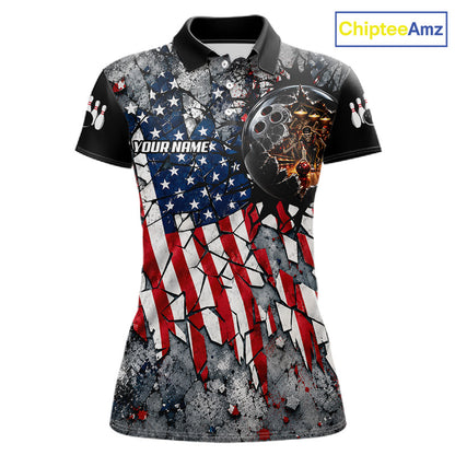 Womens Custom Patriotic Bowling Polo 1/4-Zip Shirt Cracked US Flag And Bowling Ball Tournament Shirts  NYN4730