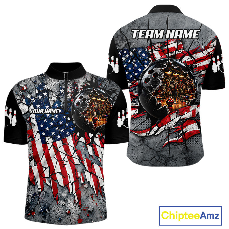 Men's Custom Patriotic Bowling Polo 1/4-Zip Shirt Cracked US Flag And Bowling Ball Tournament Shirts  NYN4730