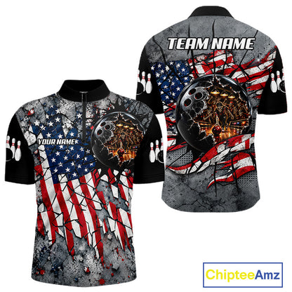 Men's Custom Patriotic Bowling Polo 1/4-Zip Shirt Cracked US Flag And Bowling Ball Tournament Shirts  NYN4730