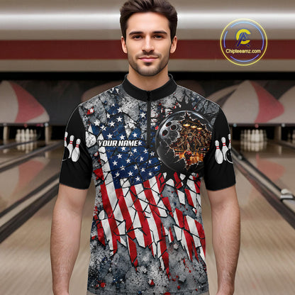 Men's Custom Patriotic Bowling Polo 1/4-Zip Shirt Cracked US Flag And Bowling Ball Tournament Shirts  NYN4730