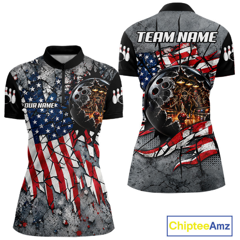 Womens Custom Patriotic Bowling Polo 1/4-Zip Shirt Cracked US Flag And Bowling Ball Tournament Shirts  NYN4730