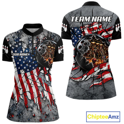 Womens Custom Patriotic Bowling Polo 1/4-Zip Shirt Cracked US Flag And Bowling Ball Tournament Shirts  NYN4730