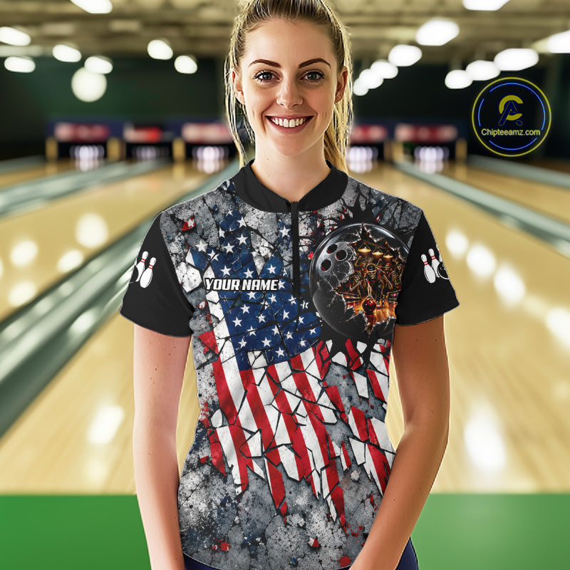 Womens Custom Patriotic Bowling Polo 1/4-Zip Shirt Cracked US Flag And Bowling Ball Tournament Shirts  NYN4730