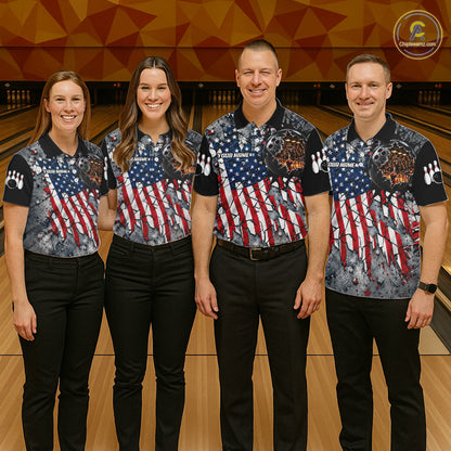 Men's Custom Patriotic Bowling Polo 1/4-Zip Shirt Cracked US Flag And Bowling Ball Tournament Shirts  NYN4730