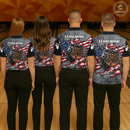 Men's Custom Patriotic Bowling Polo 1/4-Zip Shirt Cracked US Flag And Bowling Ball Tournament Shirts  NYN4730