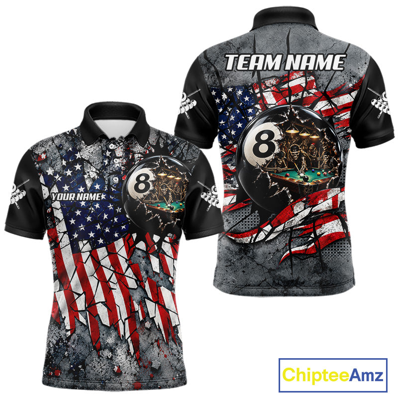 Custom 8 Ball Broken US Flag Billiard Shirt For Men Patriotic Skeleton Pooler Billiards Team Jersey NYN4731