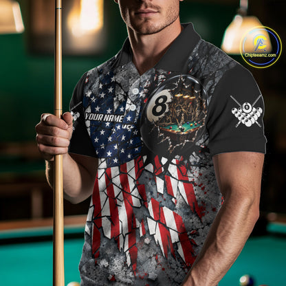 Custom 8 Ball Broken US Flag Billiard Shirt For Men Patriotic Skeleton Pooler Billiards Team Jersey NYN4731