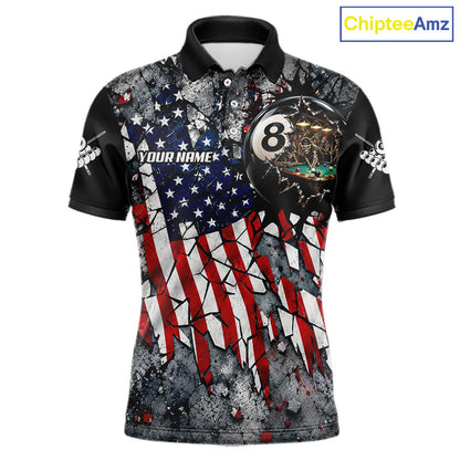 Custom 8 Ball Broken US Flag Billiard Shirt For Men Patriotic Skeleton Pooler Billiards Team Jersey NYN4731