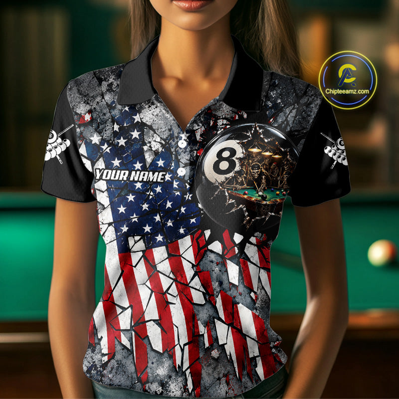 Custom 8 Ball Broken US Flag Billiard Shirt For Women Patriotic Skeleton Pooler Billiards Team Jersey NYN4731