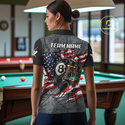 Custom 8 Ball Broken US Flag Billiard Shirt For Women Patriotic Skeleton Pooler Billiards Team Jersey NYN4731