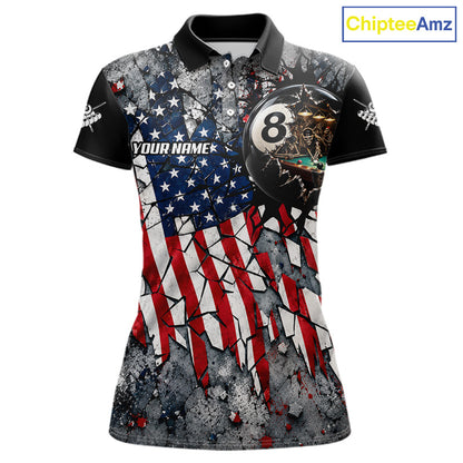 Custom 8 Ball Broken US Flag Billiard Shirt For Women Patriotic Skeleton Pooler Billiards Team Jersey NYN4731