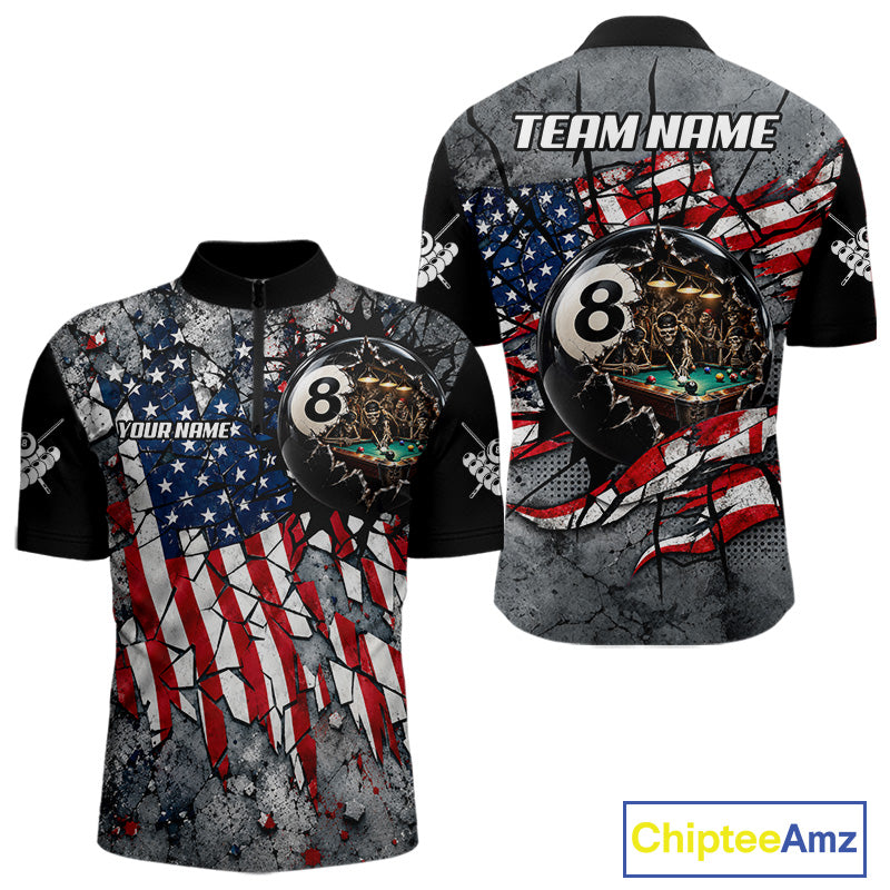 Custom 8 Ball Broken US Flag Billiard Shirt For Men Patriotic Skeleton Pooler Billiards Team Jersey NYN4731
