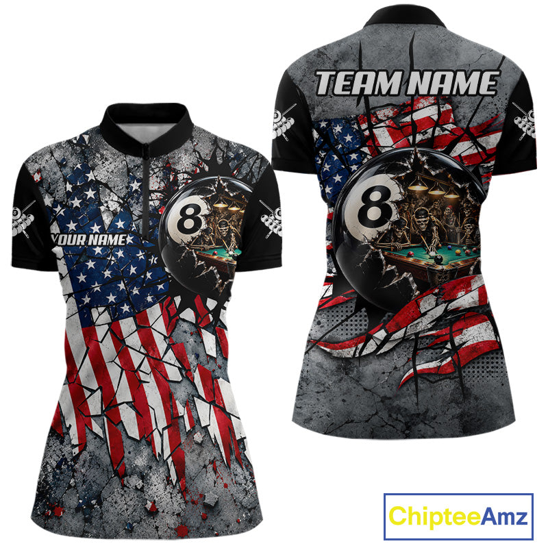 Custom 8 Ball Broken US Flag Billiard Shirt For Women Patriotic Skeleton Pooler Billiards Team Jersey NYN4731