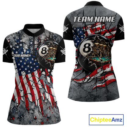 Custom 8 Ball Broken US Flag Billiard Shirt For Women Patriotic Skeleton Pooler Billiards Team Jersey NYN4731