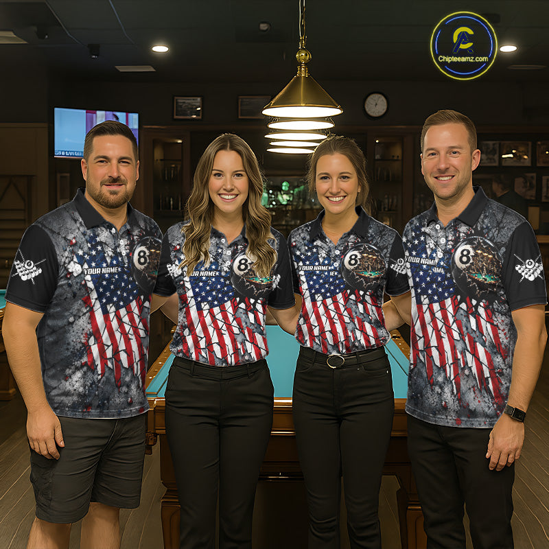 Custom 8 Ball Broken US Flag Billiard Shirt For Women Patriotic Skeleton Pooler Billiards Team Jersey NYN4731